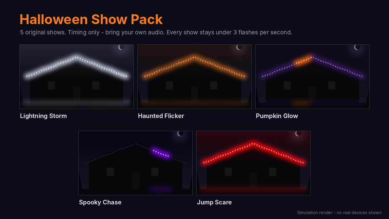 Halloween show pack: lightning storm, haunted flicker, pumpkin glow, spooky chase, jump scare