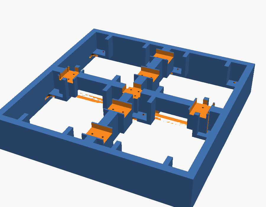 Render of the 3D-printable back frame that joins two 128x64 HUB75 LED matrix panels, with quadrants and straps