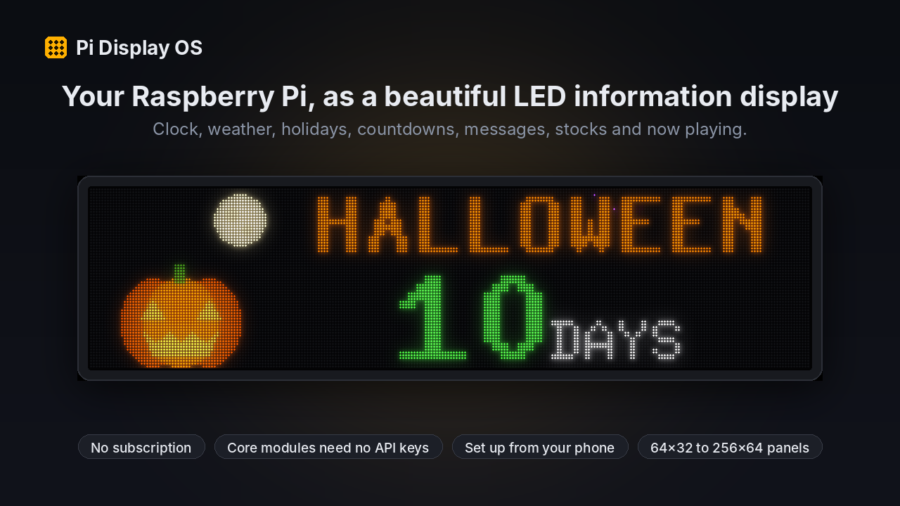 Pi Display OS showing a Halloween countdown on a 256x64 LED matrix (simulated)