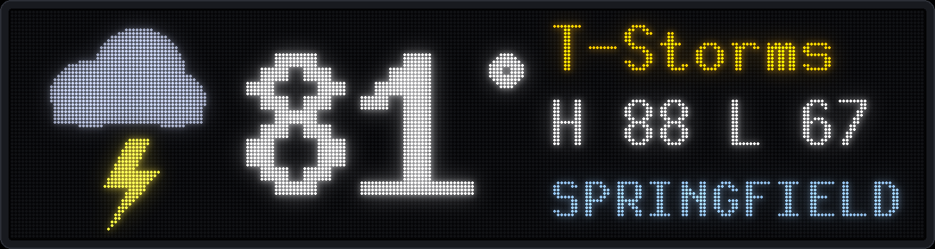LED matrix weather display showing a thunderstorm (simulated)