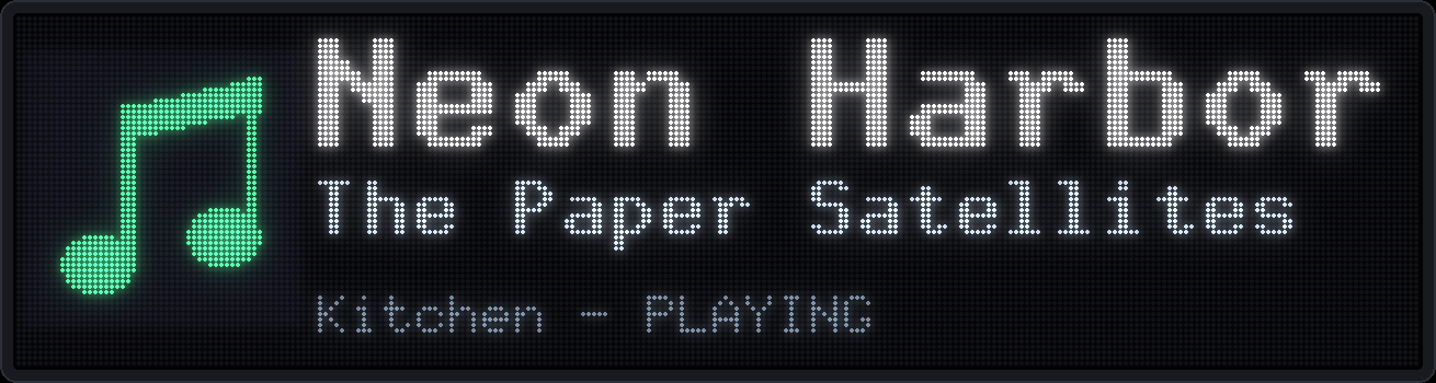 Now playing display with an invented demo track on an LED matrix (simulated)