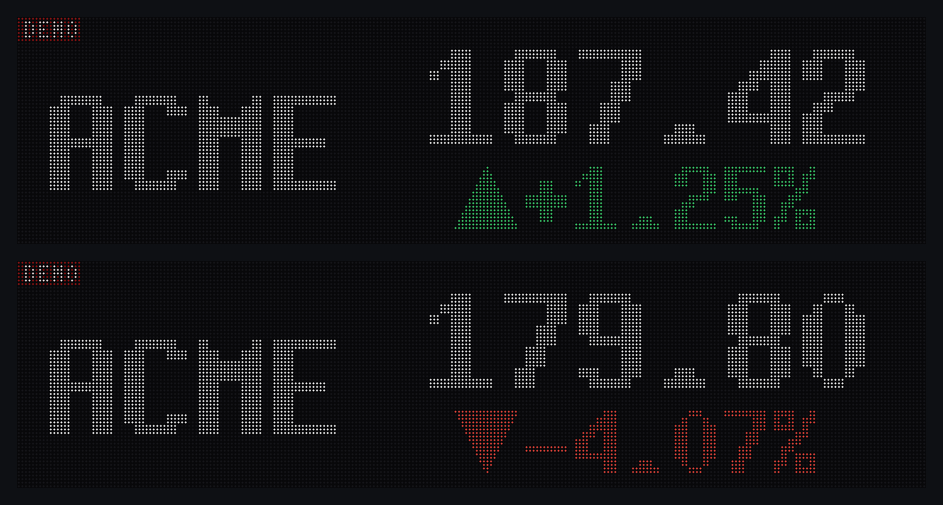 Stock ticker display with DEMO quotes on a 256x64 LED matrix (simulated)